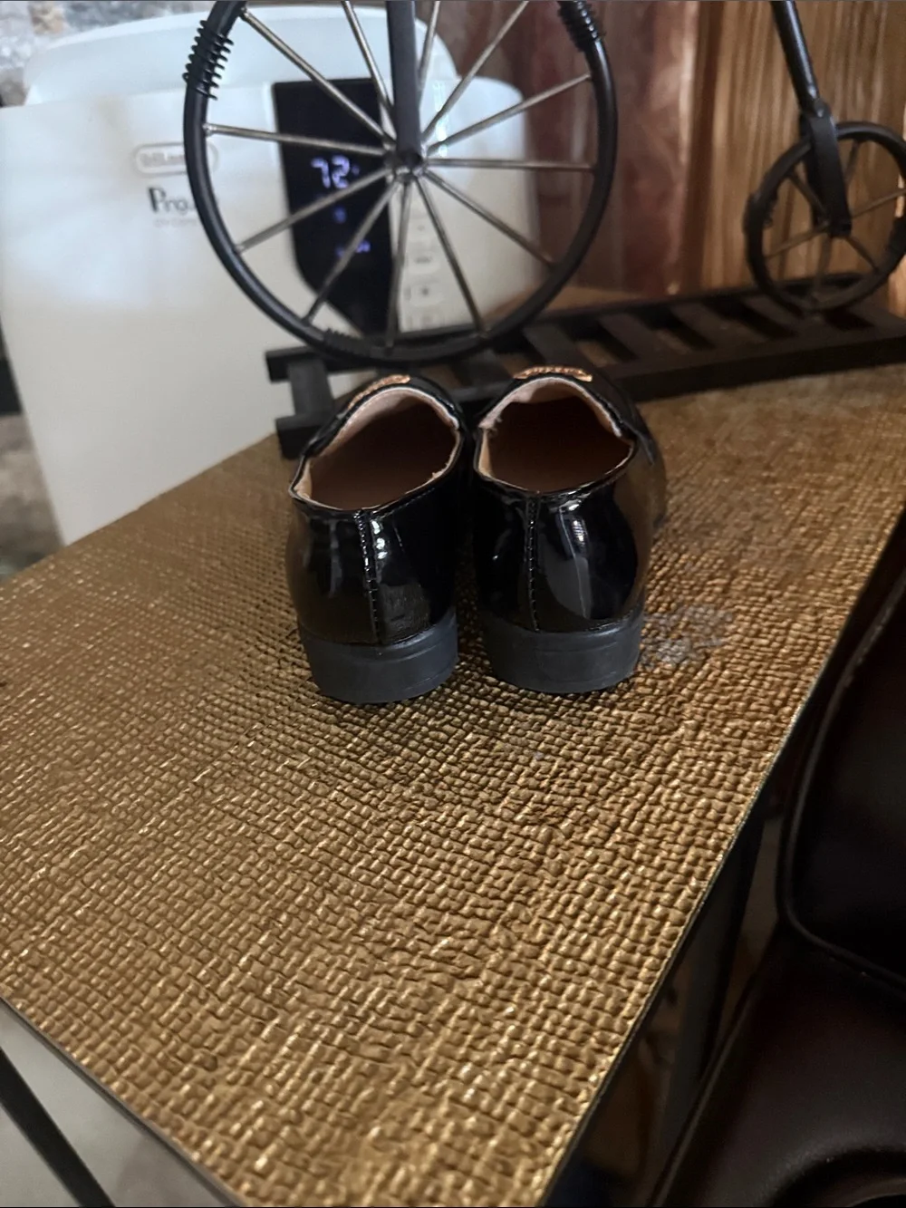 Girls Black Moccasin Loafers with Gold Cat Accent